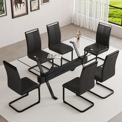 Juego de mesa de comedor de cristal de 71 pulgadas para 6 personas | Juego de mesa de comedor moderno para 6 con sillas de piel sintética | Mesa de