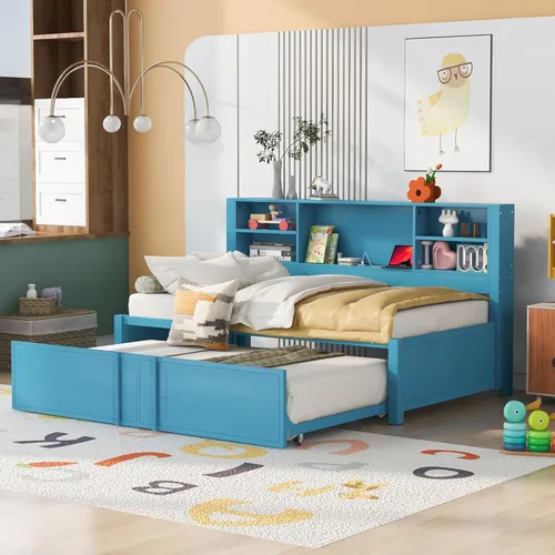 Vista 138 de Quarte Elegante cama de plataforma con estanterías en forma de L, cama de plataforma de madera tamaño individual con 2 cajones de almacenamiento