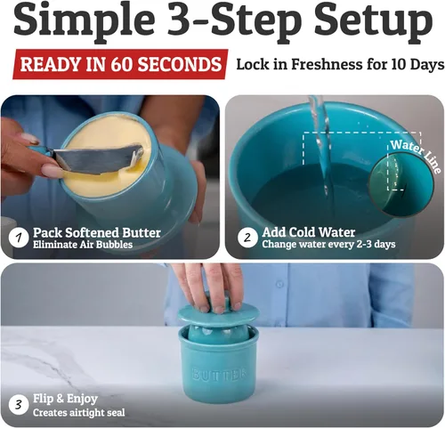 Vista 3 de Priority Chef Recipiente para Mantequilla con Tapa y Línea de Agua, Plato de Mantequilla Francés de Cerámica para Dejar en la Encimera, Turquesa
