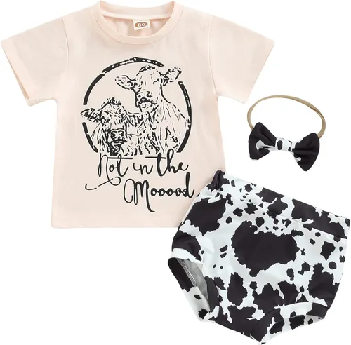 TheFound Ropa de verano para niñas pequeñas, manga corta, estampado de toro, cintura elástica, diadema corta, casual, lindos trajes