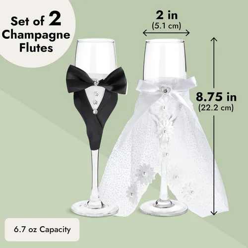 Vista 3 de Sparkle and Bash Copas de boda para novia y novio, 2 flautas de 8.75 pulgadas, en blanco y negro, modernas, copas de brindis de champán para regalos