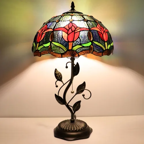 Vista 5 de Tiffany Lamp Red Tulip Style Stained Glass Table Lamp Desk Bedside Reading Light 12X12X19 Inches with Metal Leaf Base