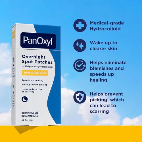 Vista 3 de Parches PanOxyl PM para manchas nocturnas, tecnología avanzada de curación hidrocoloide, sin fragancia, paquete de 40