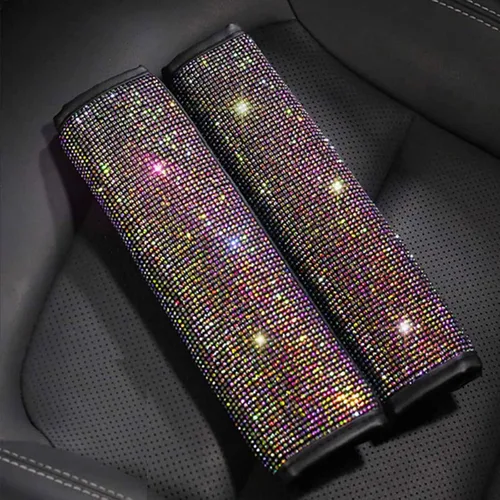 Vista 5 de 2 piezas de almohadillas para cinturón de seguridad con cristal brillante, fundas para cinturón de seguridad de coche con brillo, accesorios de 2