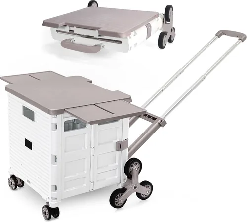 Vista 13 de Carrito plegable portátil con ruedas para compras, 4 ruedas giratorias con mango telescópico de plástico duradero y resistente, para viajes