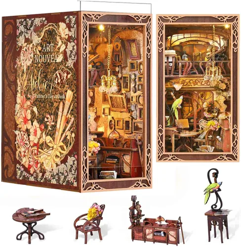 MiniCity - Kit de rincón de libros en miniatura, rompecabezas de madera 3D con luz LED para decoración de estantería (Día del pintor al anochecer)