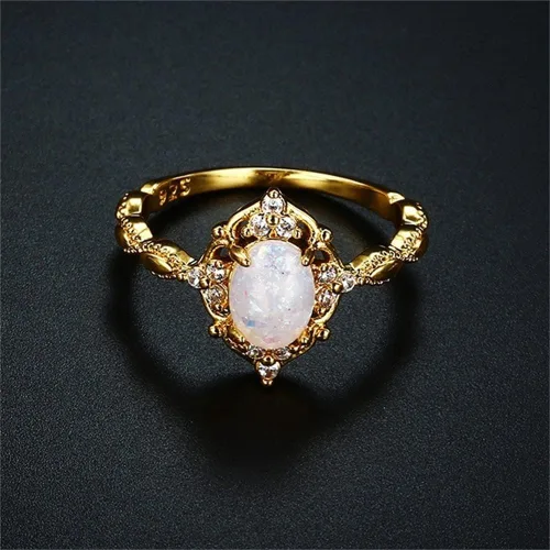 Vista 2 de Anillo de ópalo de forma ovalada chapado en oro amarillo de 18 quilates, anillo de boda de compromiso de eternidad para mujer, ST.238