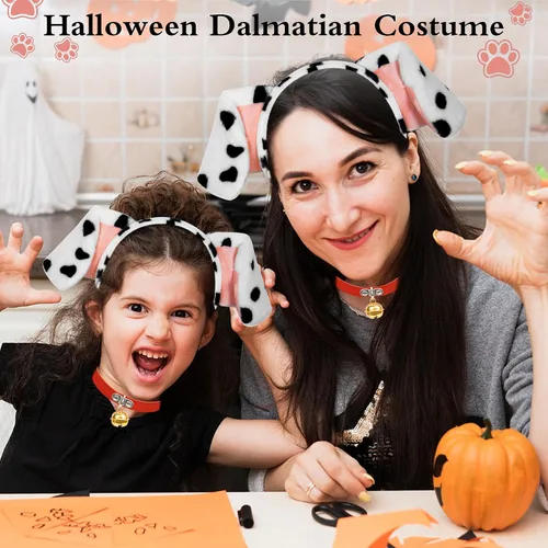 Vista 4 de U-Goforst Diadema con orejas de dálmata y cola Disfraz para mujer, disfraz de Halloween, cachorro, disfraz de perro, blanco y negro