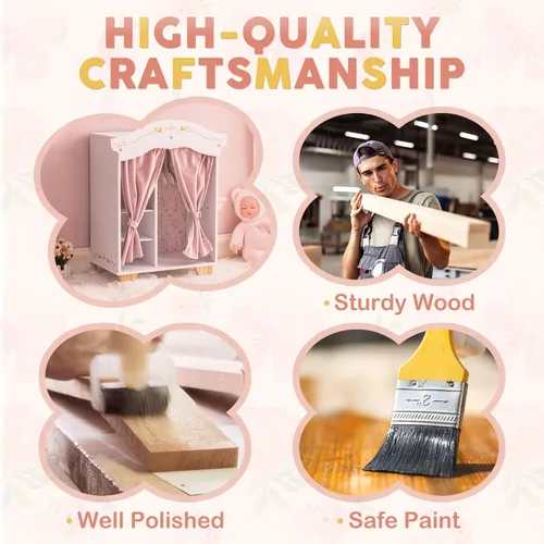 Vista 7 de ROBUD Armario de Juguetes de Madera para Muñecas, Guardarropa con 5 Percheros, Espejo, Cortinas de Terciopelo, Para Ropa de Muñecas American Girl