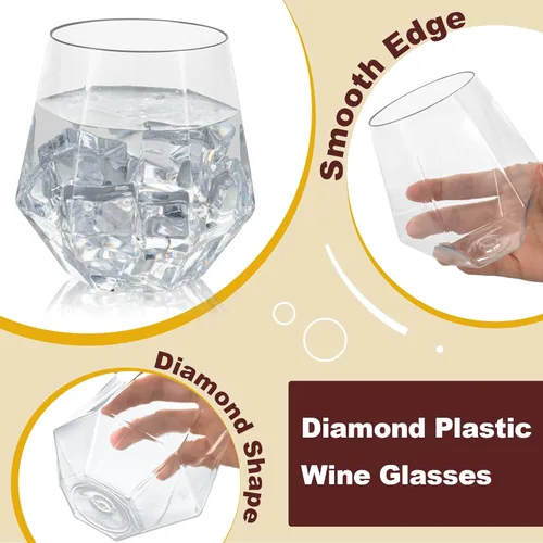 Vista 3 de Goodluck 40 piezas de copas de vino y whisky de plástico sin tallo de diamante, 12 onzas, copas de cóctel desechables, adecuadas para bodas, fiestas