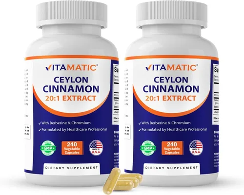 Vitamatic Canela de Ceilán y berberina con cromo - Extracto botánico a base de plantas - Cápsulas vegetales - Sin OMG, sin gluten - Suplemento de