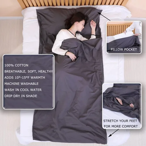 Vista 5 de EXERMIL Saco de dormir 100% algodón con cremalleras redondas, sábanas grandes de 87 x 43 pulgadas para hoteles, viajes y campamentos, sábanas