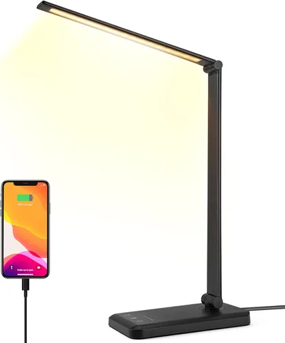 Vista 10 de Lámpara de escritorio LED con cargador inalámbrico, puerto de carga USB, luz nocturna, 5 modos de color, 10 niveles de brillo, lámpara de lectura