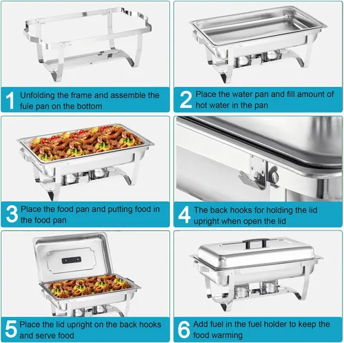 Vista 8 de Juego de Bandejas Calentadoras (Chafing Dish) para Buffet de 4 Piezas, Bandeja de Comida Rectangular Plegable de Acero Inoxidable de 8 Cuartos