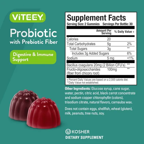 Vista 4 de Viteey Gomitas probióticas con prebióticos – Suplementos de salud intestinal para la salud digestiva – 2 mil millones de UFC – Veganas, sin gluten