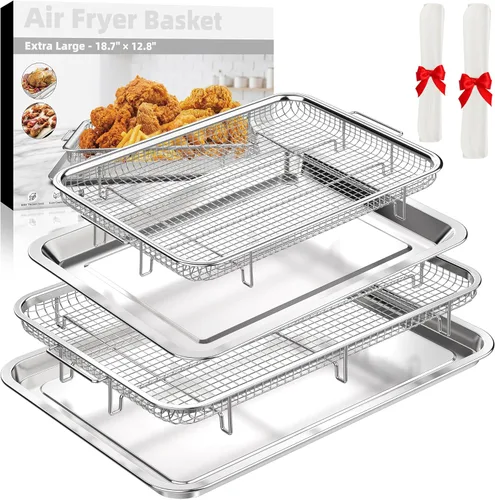 Vista 8 de Cesta de freidora de aire para horno, 2 juegos de bandeja y sartén de freidora de aire con 60 piezas de papel pergamino, sartén de freidora de aire