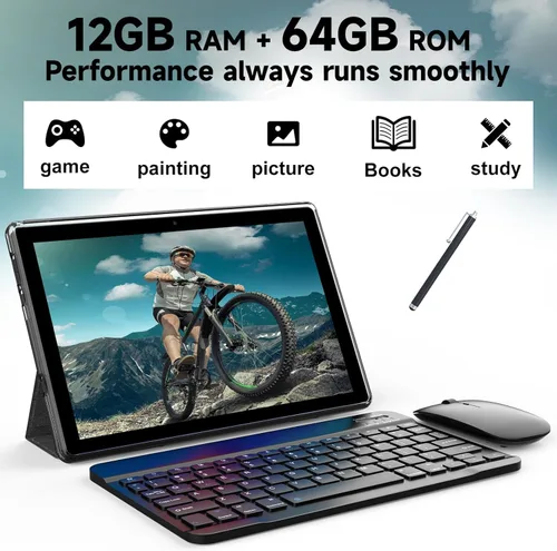 Vista 3 de Tablet COOPERS Android 15, tablet de 10 pulgadas 12GB RAM+64GB ROM hasta 1TB, procesador Quad-core de 1.8Ghz, WiFi 5G 6, batería de 6000mAh, cámara