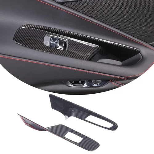 Vista 2 de Cubierta para interruptor de elevación de ventana compatible con Chevrolet Corvette C8 2020-2023, accesorios C8 (patrón de fibra de carbono)