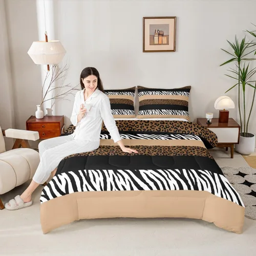 Vista 23 de Juego de edredón para niños con estampado de leopardo, tamaño Queen, juego de ropa de cama de moda de piel de guepardo abstracto, decoración