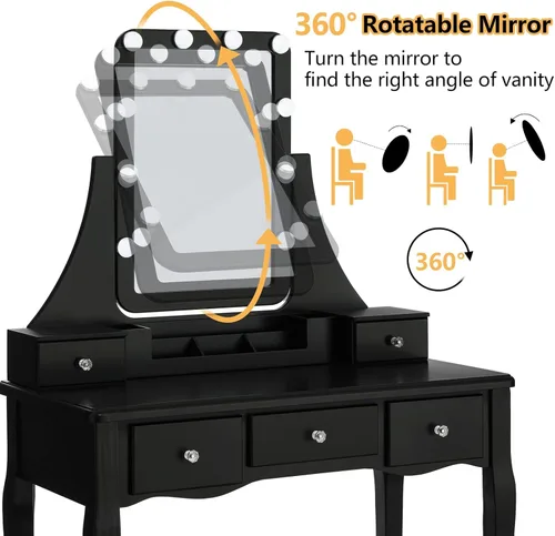 Vista 4 de Quimoo Escritorio grande con espejo iluminado LED y toma de corriente, mesa de tocador de maquillaje con 7 cajones, 4 estantes y 5 ganchos
