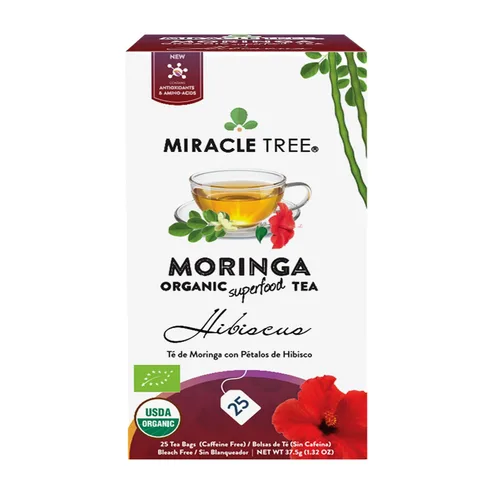 Vista 5 de Miracle Tree - Organic Moringa Superfood Tea, 2 Pack Bundle, 2x25 Individually Sealed Tea Bags (Hibiscus, Green Tea)