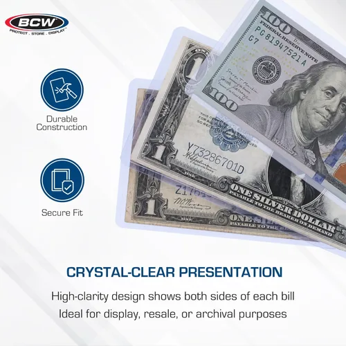 Vista 4 de BCW Soporte para carga de moneda – 50 unidades Funda protectora de PVC rígido transparente para billetes de dólar estadounidense estándar Seguro