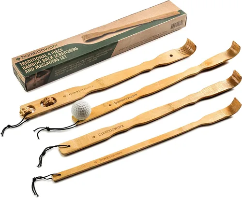 BambooWorx Rascador de espalda tradicional de madera de bambú, juego de 4 piezas de masajeador de relajación corporal para hombres y mujeres, mango