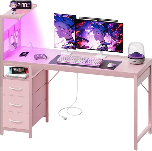 Vista 11 de Escritorio pequeño para computadora de juegos de 48 pulgadas con luces LED y estante de almacenamiento, color negro