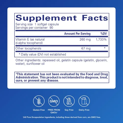 Vista 2 de Pure Encapsulations Vitamina E (con tocoferoles mixtos) – Protección antioxidante y función celular – Contiene tocoferoles mixtos – OGM – 90