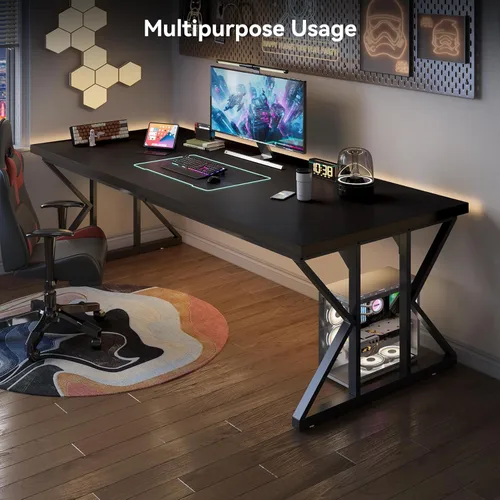 Vista 4 de LITTLE TREE Escritorio ejecutivo grande de 78.7 pulgadas, estación de trabajo de escritorio de oficina para computadora extra larga, mesa para Negro