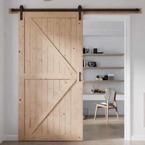 Vista 28 de FREDBECK Puerta corredera de granero de 34 x 84 pulgadas con kit de herramientas de 6 pies incluido, panel de abeto macizo en forma de K, necesita