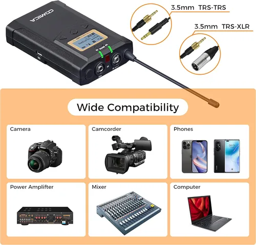 Vista 5 de Micrófono Lavalier inalámbrico, con bolsa de transporte, Comica CVM-WM100 PLUS UHF 48 canales Sistema de micrófono de doble solapa para cámaras