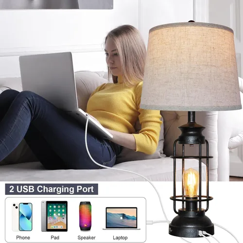 Vista 3 de Juego de 2 lámparas de mesa con puerto USB de 3 vías regulables táctiles de 28.5 pulgadas de alto, lámparas industriales rústicas para sala