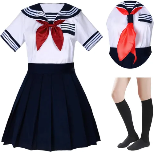 Vista 2 de Uniforme de manga corta para niñas de escuela japonesa, falda plisada azul marino, disfraz de anime con calcetines