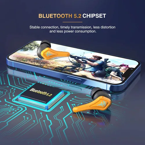 Vista 3 de QTREE - Auriculares inalámbricos para juegos, Bluetooth 5.2 intrauditivos de 50 ms de baja latencia IPX5 con cancelación de ruido, auriculares