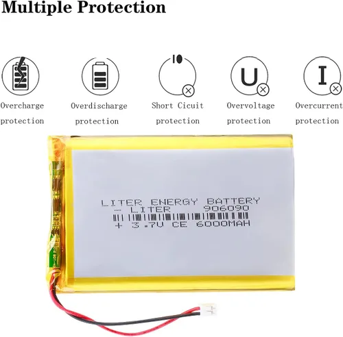 Vista 3 de Liter energybattery 3.7V Lipo Batería 6000mAh Batería recargable de polímero de iones de litio 906090 con conector JST