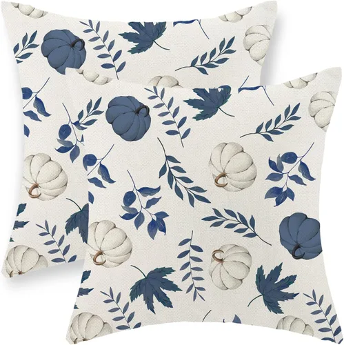 Fundas de almohada de otoño de 16 x 16 pulgadas, juego de 2 fundas de almohada de hojas de arce de calabaza azul marino para decoración del hogar y