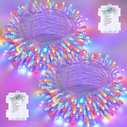 Paquete de 2 tiras de 200 luces LED a pilas, luces parpadeantes multicolor Varios colores