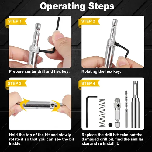 Vista 4 de COMOWARE VIX - Juego de 17 brocas autocentrantes, vástago hexagonal de 1/4 pulgadas, juego de brocas de bisagra autocentrante para carpintería