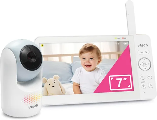 VTech Monitor de bebé de 7 pulgadas con pantalla IPS, cámara de zoom panorámica inclinada, monitor de bebé sin video WiFi, luz nocturna multicolor,