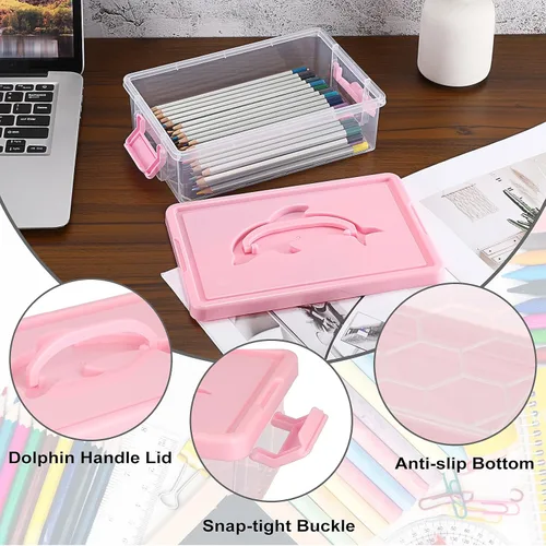 Vista 4 de BTSKY Caja de almacenamiento de plástico transparente con tapa, organizador apilable con diseño de delfín fácil de levantar, contenedor portátil