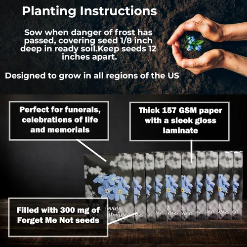 Vista 2 de 20 paquetes premium de semillas de nomeolvides prellenados como obsequios para funerales, decoraciones funerarias, decoraciones de celebración
