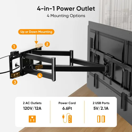 Vista 6 de FORGING MOUNT Soporte de pared para TV de brazo largo con extensión de 42.9 pulgadas y regleta de alimentación para televisores de 60 a 120