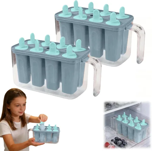 Vista 10 de 8 cavity Ice Pop Maker Mold Tray, Reusable Popsiclee Molds, Reusable Easy Release Ice Cream Container with Sticks for Yogurt Juice and DIY Chilled