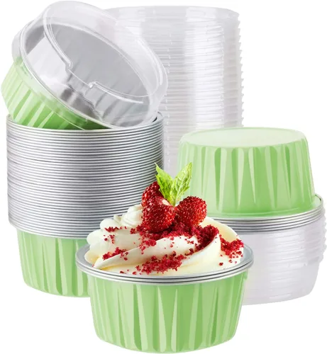 Vista 20 de EUSOAR Vasos para cupcakes con tapas, paquete de 50 forros para magdalenas de 5 onzas de colores surtidos, moldes desechables de papel de aluminio