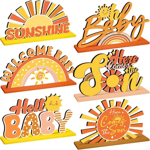 Vista 7 de Threehoney 6 piezas Here Comes the Son - Decoraciones de baby shower, centro de mesa retro bohemio para decoración de mesa de madera, decoración