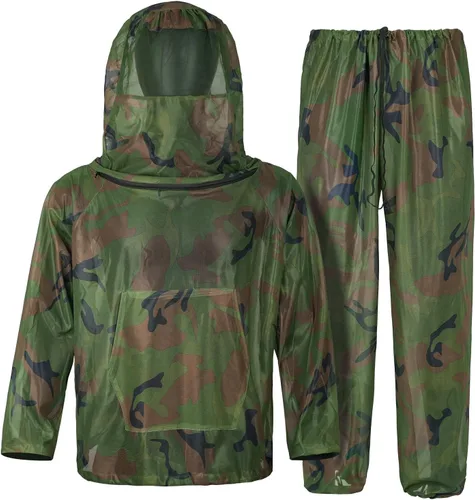 Vista 15 de Traje de red para mosquitera, traje de malla de caza de camuflaje, ropa de red para insectos con capucha para protección al aire libre, no se