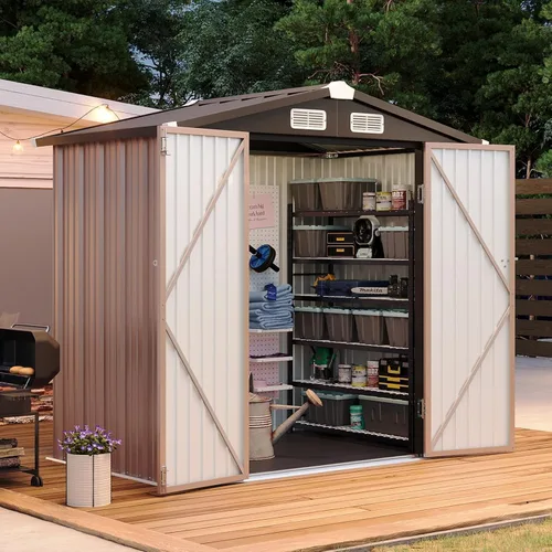 Vista 14 de Aoxun Cobertizo de almacenamiento de acero para jardín al aire libre de 6 x 4 pies con puerta con bloqueo impermeable y resistente a la oxidación