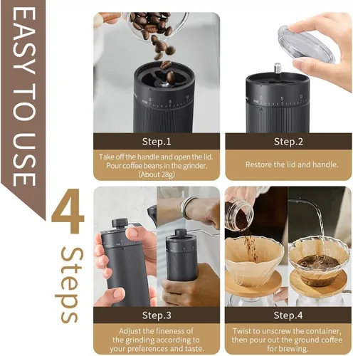 Vista 5 de Molinillo de café de mano, rebaba cónica para expreso, prensa francesa, vertido, doble rodamiento, capacidad de ajuste externo, 0.88 oz