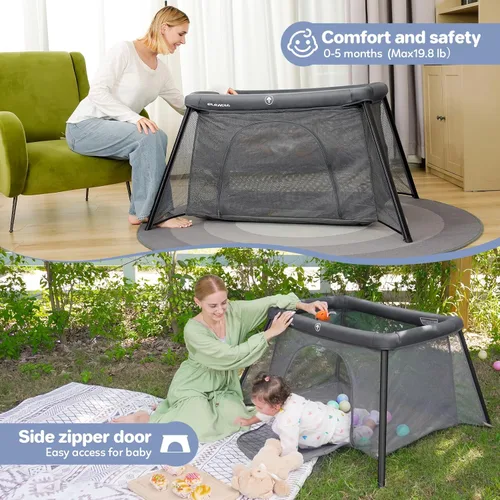 Vista 4 de ELEMARA Cuna de viaje 2 en 1 para bebé, fácil de instalar, cuna portátil con cómodo colchón y cuna plegable ligera con corral de juegos de larga